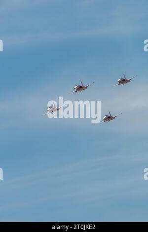 Mollis, Schweiz, 18. August 2023 Patrouille Suisse Northrop F-5E Tiger II Militärjet, der akrobatische Flüge während einer Flugschau durchführt Stockfoto