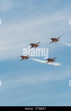 Mollis, Schweiz, 18. August 2023 Patrouille Suisse Northrop F-5E Tiger II Militärjet, der akrobatische Flüge während einer Flugschau durchführt Stockfoto