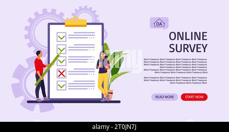 Umfrage zur Kundenzufriedenheit. Landing Page. Stück Papier mit Zecken und Kreuzen. Vektorgrafik. Flacher Style Stock Vektor