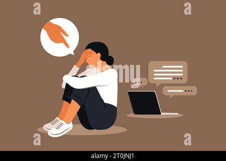 Cybermobbing. Depressive Frau, die auf dem Boden sitzt. Meinung und der Druck der Gesellschaft. Schade. Vektor flach Stock Vektor