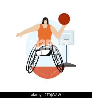 3. dezember Welt Tag der Behinderten Vektor-Logo-Design. Eine Frau ohne Beine im Rollstuhl spielt Basketball. Stock Vektor