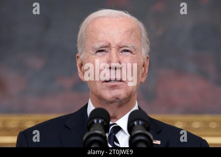 Washington, Usa. Oktober 2023. Präsident Joe Biden hält am Samstag, den 7. Oktober 2023, im Speisesaal des Weißen Hauses in Washington eine Rede zu den Angriffen in Israel. Foto: Yuri Gripas/UPI Credit: UPI/Alamy Live News Stockfoto