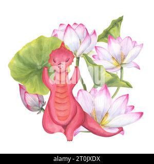 Roter Drache meditiert zwischen blühenden Seerosen. Yoga-Übungen bei Tieren. Blumenzusammensetzung. Realistische Lotusblume, Blätter Stockfoto