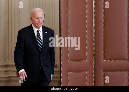 Washington, Usa. Oktober 2023. Präsident Joe Biden hält am Samstag, den 7. Oktober 2023, im Speisesaal des Weißen Hauses in Washington eine Rede zu den Angriffen in Israel. Foto: Yuri Gripas/UPI Credit: UPI/Alamy Live News Stockfoto
