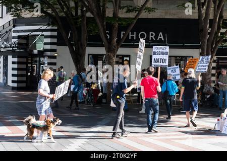 Seattle, USA. Oktober 2023. Nationaler Aktionstag: Demonstranten im Westlake-Park rufen jetzt zu Waffenruhe und Frieden in der Ukraine auf. Die Demonstranten rufen das Weiße Haus und den Kongress dazu auf, einzugreifen und Gespräche aufzunehmen, um einen größeren Konflikt zu bewerben, einschließlich der Gefahr eines größeren Konflikts, der zu einem Atomkrieg führen könnte. Quelle: James Anderson/Alamy Live News Stockfoto