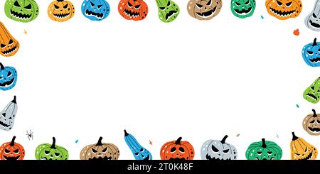 Kürbisse mit gruseligen Gesichtern im horizontalen Banner. Halloween Kürbisse Gesichter Linie Hintergrund. halloween-Kürbisse im Herbst. Vektorabbildung. Stock Vektor
