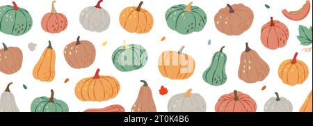 Herbstkürbis-Banner. Horizontaler Hintergrund der Kürbisse. halloween-Kürbisse im Herbst. Vektorabbildung. Stock Vektor