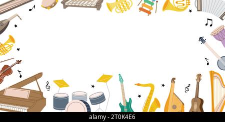 Musikinstrumente in horizontaler Fahne. Vektor-Illustration für musikalische Schule Design. Tuba, Trompete, Trommelflöte, Laute, Violine, Akustikgitarre. Stock Vektor