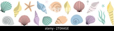 Set mit tropischen Unterwasserschalen. Süßwasseralgen, Korallen, Seesterne, Muscheln, Jakobsmuscheln, Perlen. Vektorabbildung. Stock Vektor