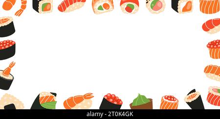 Sushi-Brötchen mit Meeresfrüchten im horizontalen Banner. Ikura Sushi, Tobiko Maki, philadelphia Roll, Onigiri, Garnelen Nigiri, Tekkamaki Thunfisch, Futomaki, Sake Temaki Stock Vektor