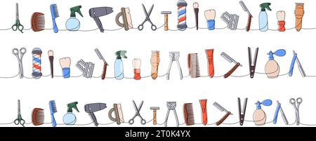 Set mit Frisör-Werkzeugen, einzeilige durchgehende Zeichnung. Haarschneider, Kamm, scharfe Rasierklinge, Haarglätter, Schere, Haartrockner, Bürste Stock Vektor