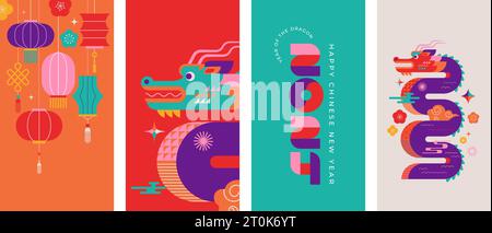 Vertikaler Hintergrund des Lunar-Neujahrs, Banner, Vorlage für Social-Media-Geschichten. Chinesisches Neujahr 2024, Jahr des Drachen. Geometrischer, moderner Stil Stock Vektor