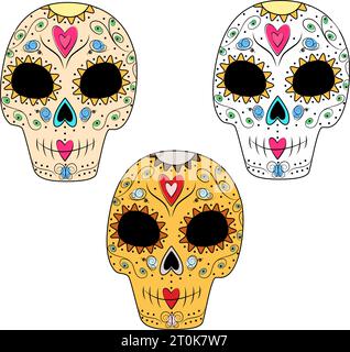Vektor-Set aus 3 gemusterten abstrakten Zuckerschädeln in trendigen hellen Sades. Happy Day of the Dead. Mexiko. Design für Poster, Banner, Broschüren, Gruß- oder Einladungskarten, Preise, Etiketten, Hintergrundbilder oder Web Stock Vektor