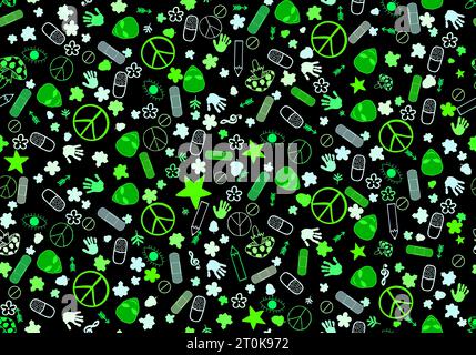 Cartoon Retro Zeichen nahtlose Frieden und Außerirdische und Pillen und Blumenmuster für Verpackungspapier und Stoffe und Bettwäsche und Kinderdruck und Notizbücher und f Stockfoto