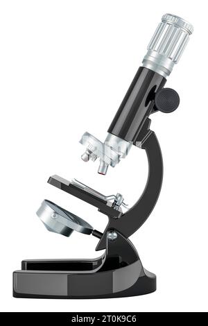 Mikroskop, Seitenansicht. 3D-Rendering isoliert auf weißem Hintergrund Stockfoto