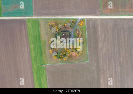 Drone von oben nach unten auf das wunderschöne, schicke Fußballfeld im herbstlichen Laubwald. Ruhiger, sonniger Tag mit Schatten von hohen Bäumen. Stockfoto