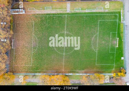 Drone von oben nach unten auf das wunderschöne, schicke Fußballfeld im herbstlichen Laubwald. Ruhiger, sonniger Tag mit Schatten von hohen Bäumen. Stockfoto