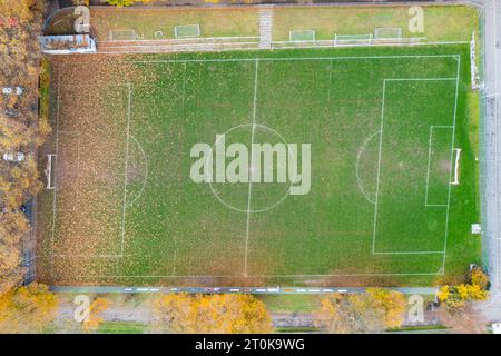 Drone von oben nach unten auf das wunderschöne, schicke Fußballfeld im herbstlichen Laubwald. Ruhiger, sonniger Tag mit Schatten von hohen Bäumen. Stockfoto
