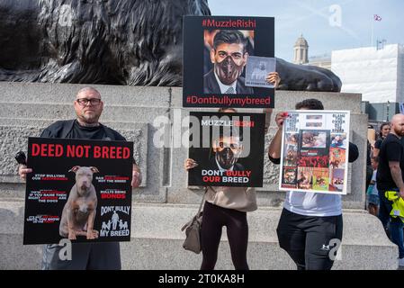 London, Großbritannien. Oktober 2023. Die Demonstranten halten Plakate, die ihre Meinung während der Demonstration zum Ausdruck bringen. Die britische Regierung kündigte am 15. September an, dass die "American XL Bully"-Hunde Ende 2023 im Vereinigten Königreich nach einer Reihe schrecklicher Angriffe verboten werden. Seitdem protestieren die Besitzer jedes Wochenende gegen die Entscheidung der Regierung und geben dem Premierminister Rishi Sunak persönlich die Schuld dafür. Quelle: SOPA Images Limited/Alamy Live News Stockfoto