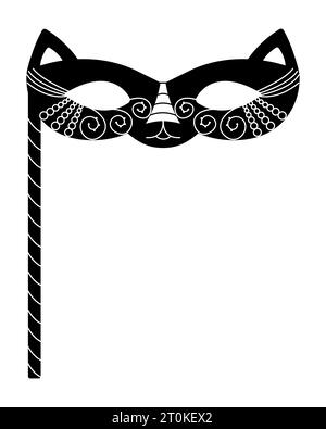 Katze Maskerade Maske mit Stock, schwarz-weiße Vektor-Illustration für Mardi Gras Stock Vektor