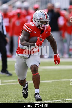 Columbus, Usa. Oktober 2023. Ohio State Buckeyes Chip Trayanum (19) läuft am Samstag, den 7. Oktober 2023, frei für einen Touchdown gegen die Maryland Terrapins. Foto: Aaron Josefczyk/UPI Credit: UPI/Alamy Live News Stockfoto