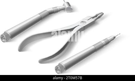 Grundlegende zahnärztliche Instrumente und Werkzeuge. Ein isometrisches Set medizinischer Geräte für die Zahnpflege. Dentalhygiene und Gesundheitskonzept zu weiß Stock Vektor