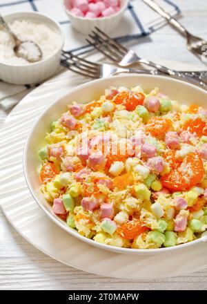 Ambrosia-Salat mit Ananas, Mandarinen, Joghurt, Mini-Marshmallows, Kokos und Schlagsahne in weißer Schüssel auf weißem Holztisch, american Re Stockfoto