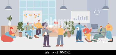 Büro Open Space Plan Szene von Menschen Mitarbeiter Mitarbeiter Kollege Zusammenarbeit in einem Arbeitsbereich beschäftigt viele Team Illustrationen Cartoon Stock Vektor