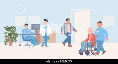 Krankenhaus Szene Lobby Rezeptionist Patient wartet in Korridor Illustration für Arzt Klinik für Gesundheitswesen Behandlung Stock Vektor