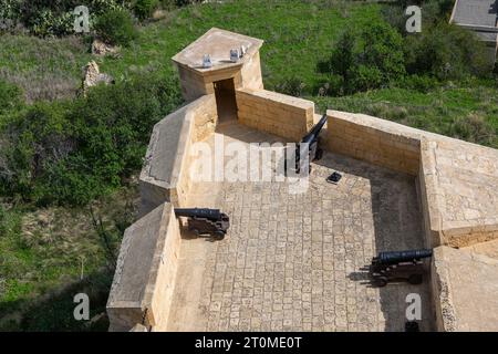 Mauern und Terrasse mit Kanonen und Turm in der Cittadella in Victoria (Rabat) auf Gozo Island, Malta, Kalksteinzitadelle aus dem 15.-17. Jahrhundert. Stockfoto