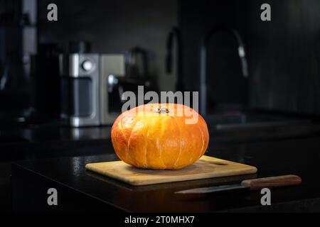 Herbstkomposition für Thanksgiving Day, Stillleben Hintergrund. Kürbisernte auf dunklem Holztisch. Kürbis auf einem Holzbrett im Dunkeln im Kit Stockfoto