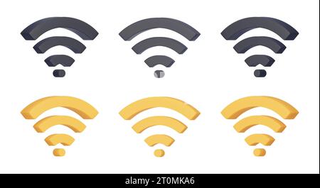 Satz von 3D-Vektor-Wi-Fi-Zeichen. Realistisches Wireless-Netzwerk, Verbindung und Netzwerksymbol. 3D-Rendering, Vektorillustration isoliert auf weißem Hintergrund. Stock Vektor