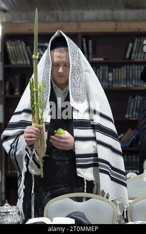 Auf Sukkos spricht ein orthodoxer Mann, der eine Zitronen- und Plättchenfront hält, ein Gebet in einer Synagoge. Im Rockland County, New York. Stockfoto