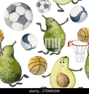 Handgezeichnete Wasserfarben Ball Sportausrüstung Ausrüstung, Avocado spielen, Fußball Volleyball Basketball. Abbildung isoliertes nahtloses Muster auf weiß Stockfoto