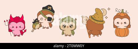 Set aus Kawaii Halloween Eulen. Sammlung von niedlichen Vektor Halloween Waldvogel Illustrationen Stock Vektor
