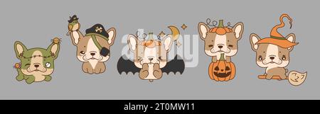 Sammlung von Vektor Halloween Französisch Bulldog Hund Art. Set mit isolierter Halloween-Hündchen-Illustration Stock Vektor