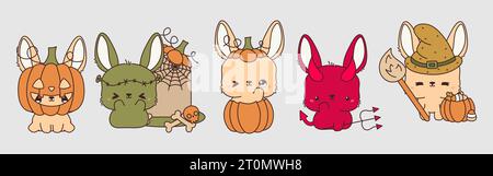 Set aus Kawaii Halloween Bunny. Sammlung von niedlichen Vektor-Halloween-Kaninchen-Illustrationen Stock Vektor