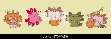 Set von Kawaii Halloween Axolotl. Sammlung von Vektor Halloween Salamander Tier Illustrationen. Stock Vektor