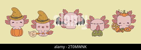 Set von Vektor Halloween Axolotl Illustrationen. Sammlung von Kawaii isolierten Halloween Amphibienhunden Stock Vektor