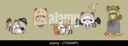 Set von Kawaii Halloween Waschbär. Sammlung von niedlichen Vektor Halloween Wald Tiere Illustrationen Stock Vektor