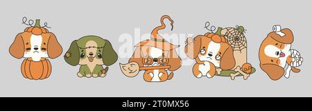 Set von Kawaii Halloween Beagle Dog. Sammlung von niedlichen Vektor Halloween Hund Illustrationen Stock Vektor