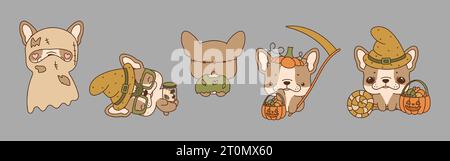 Set von Vektor Halloween Französisch Bulldog Hund. Sammlung von Kawaii isoliert Halloween Welpen Kunst Stock Vektor