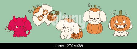 Set von Kawaii Halloween Pudelhund. Sammlung von niedlichen Vektor Halloween Hund Illustrationen Stock Vektor