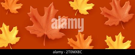 Herbsthintergrund mit herbstlichen Ahornblättern in Braun und Gelb mit orangefarbenen Farben, 3D-Grafik-Element-Illustration Stock Vektor