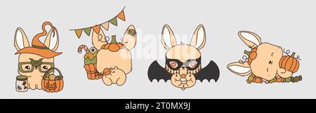 Sammlung von Vector Halloween Bunny Art. Set der isolierten Halloween-Kaninchen-Illustration Stock Vektor