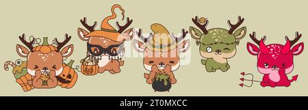 Set aus Kawaii Halloween Deer. Sammlung von niedlichen Vektor Halloween Waldtier Illustrationen Stock Vektor