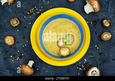 Hausgemachte Suppe, Herbstcremesuppe aus Champignon-Pilzen. Stockfoto