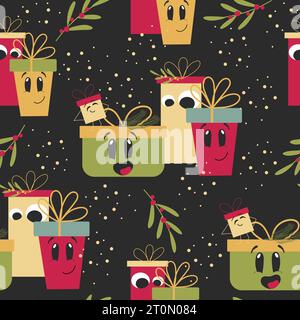 Handgezeichnetes nahtloses Muster mit fröhlich lächelnden Geschenkboxen. Vektor Weihnachten Maskottchen Design. Stock Vektor