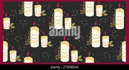 Niedliches, nahtloses Muster mit zwei ruhigen und friedlich lächelnden Kerzen. Vektormaskottchen Weihnachtsdesign. Stock Vektor