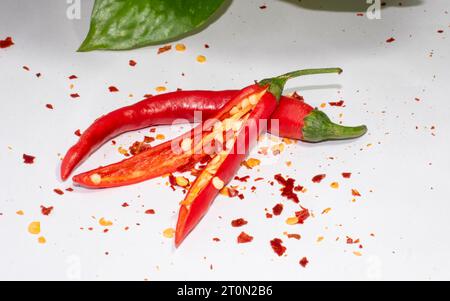 Red Chili Elegance: Feurige Fotografie auf einer weißen Leinwand - Gewürz des Lebens: Fesselnde rote Chili Porträts - Eine rote Chili Fotografie Showcase Stockfoto